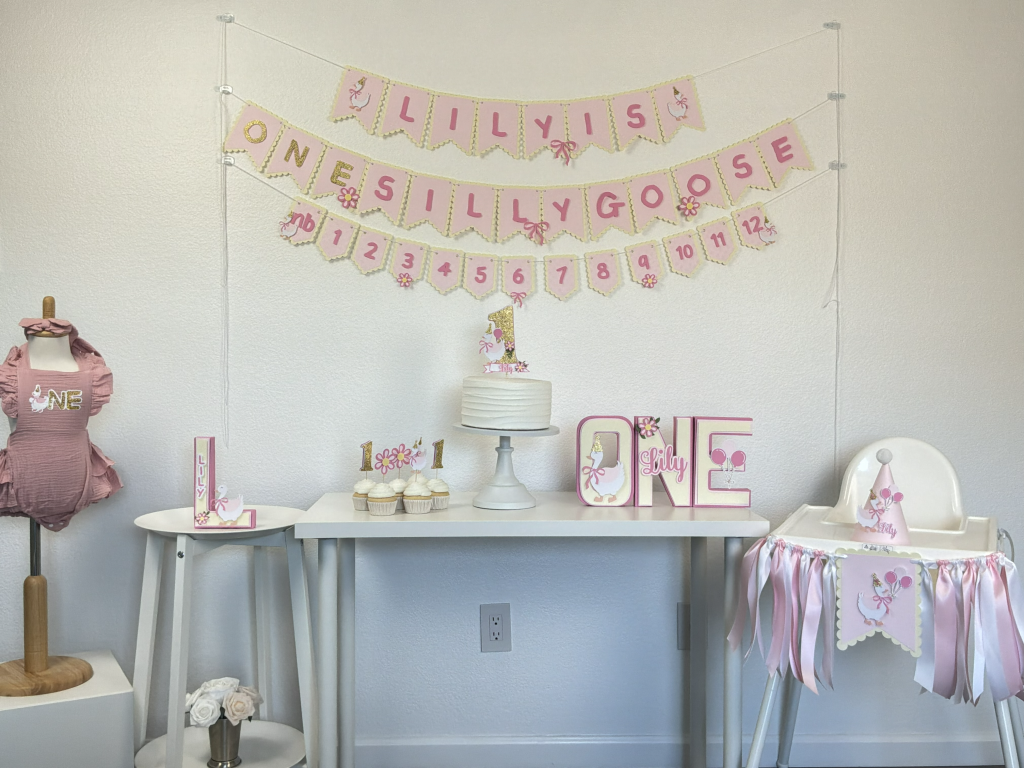 Pink Silly Goose first birthday party decorations bundle with matching banner and cake topper