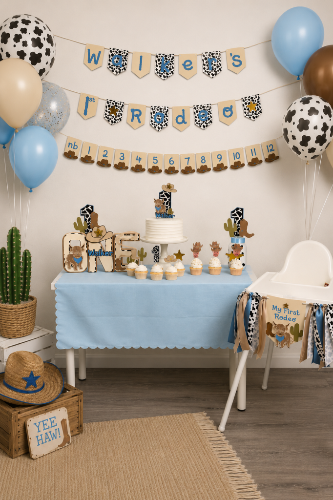 Rodeo birthday party decorations for boys with western cake topper, banner, cupcake toppers, and party decor