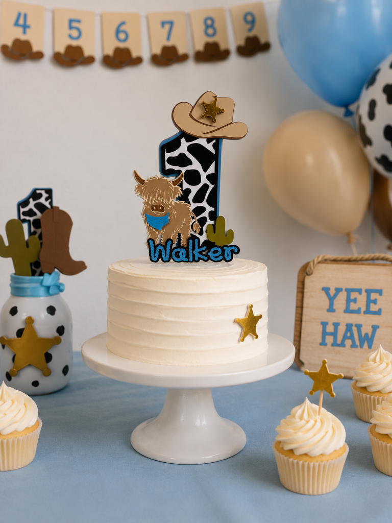 My First Rodeo cake topper with cowboy western details for a first birthday cake