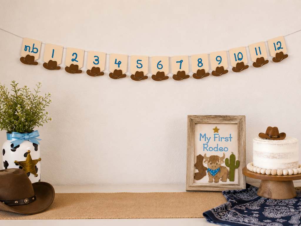 First Rodeo birthday backdrop with western decorations, milestone banner, and rustic party props