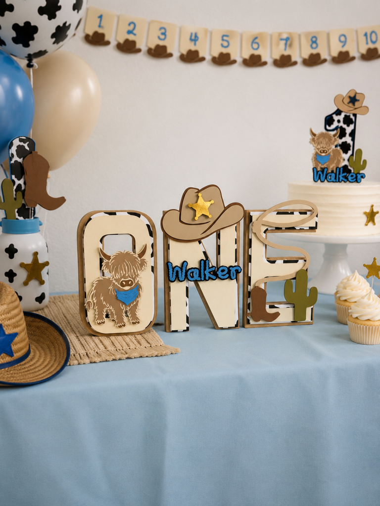 Rodeo number one centerpiece for a boy's western first birthday party featuring cow print, cowboy theme decorations, and personalized details.