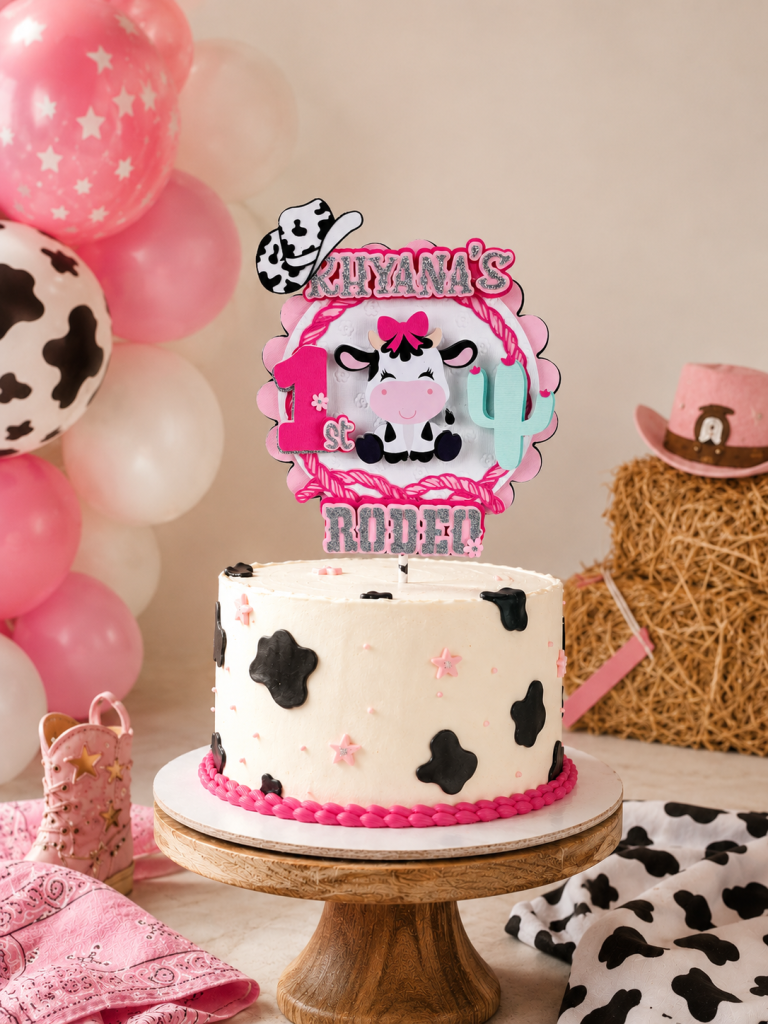 Pink cowgirl First Rodeo cake topper with cow print details for a first birthday cake