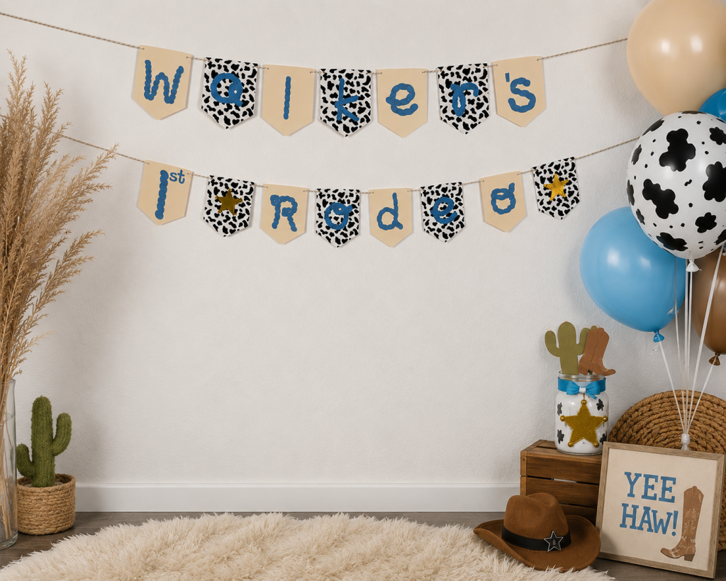 Personalized First Rodeo birthday banner for a western first birthday party backdrop
