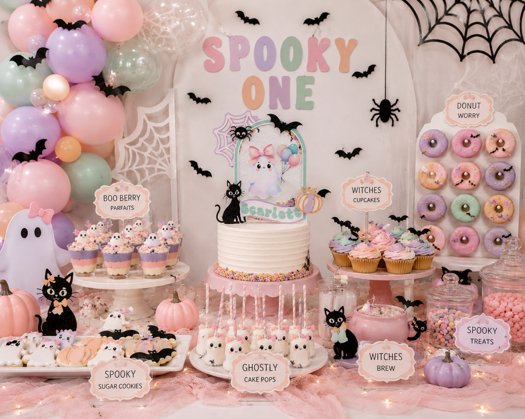 Spooky One dessert table with Halloween first birthday decorations and pastel balloon garland.