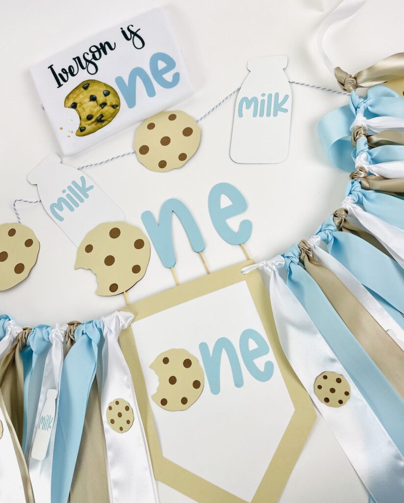 Birthday blue high chair flag banner with cookies and milk, handmade