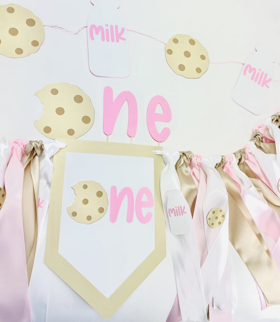 Birthday pink high chair flag banner with cookies and milk, handmade