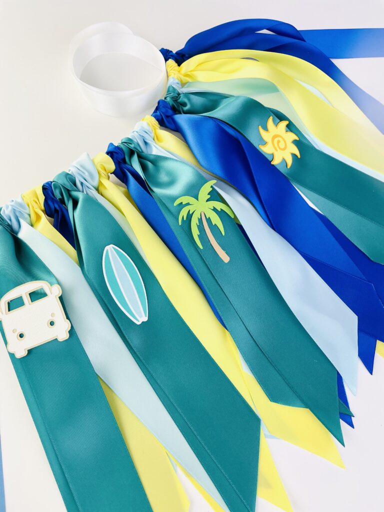 Close up image of ribbons, SURF HIGHCHAIR BANNER, Beach Party Decorations, 1st Birthday